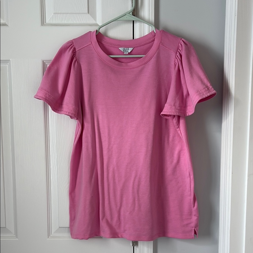 Crown & Ivy Pink Ruffle Sleeve T-Shirt